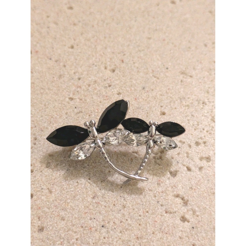 Whimsical Dragonfly Brooch In Silver Tone with Rhinestones Black Beads Fairy